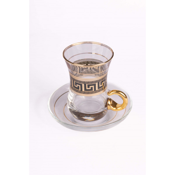  طقم أكواب شاي زجاجية بحلقة عريضة ذهبية مزخرفة باللون الاسود 6 قطع "VERSAJİ"