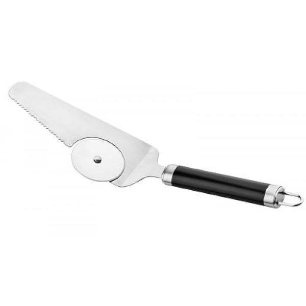 icon black silver pizza cutter and serving spatula