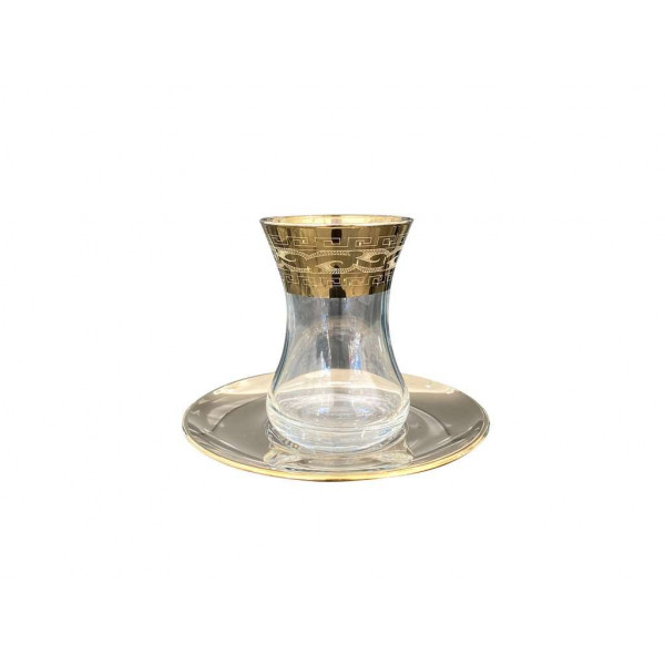 كوب شاي زجاجي شفاف بشفة ذهبية عريضة مزخرفة مع صحن موديل "İnce Belli " حجم 125 مل 