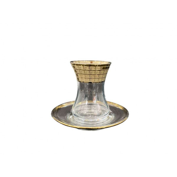 كوب شاي زجاجي رمادي شفاف بشفة ذهبية عريضة مزخرفة مع صحن موديل "İnce Belli " حجم 125 مل 