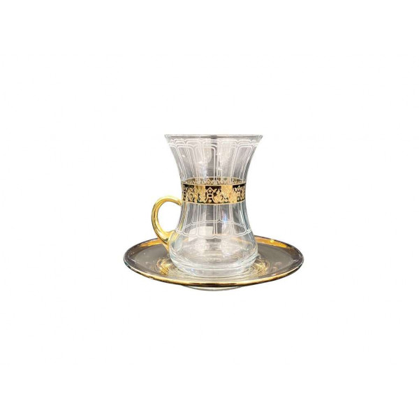 كوب شاي زجاجي شفاف مزخرف باللون الذهبي بمقبض مع صحن موديل "İnce Belli " حجم 125 مل 