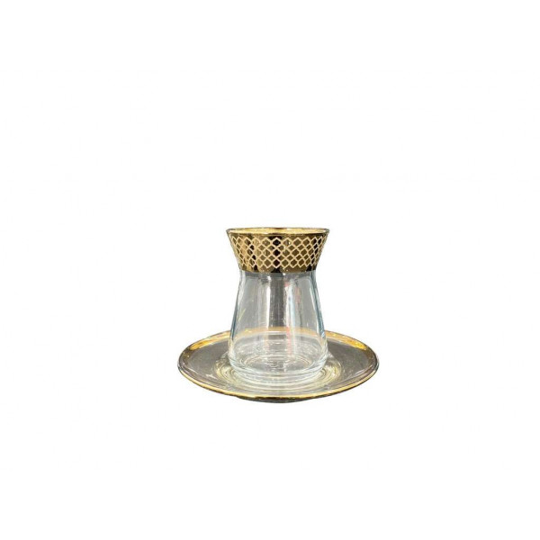 كوب شاي زجاجي شفاف ذو شفة ذهبية مزخرفة عريضة مع صحن موديل "İnce Belli " حجم 132 مل 
