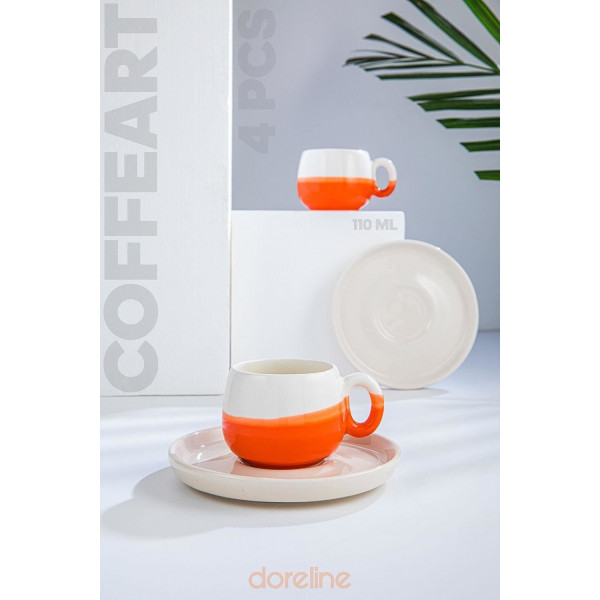 فنجان قهوة تركية صناعة يدوية لون ابيض و برتقالي قطعتين "Coffeart"