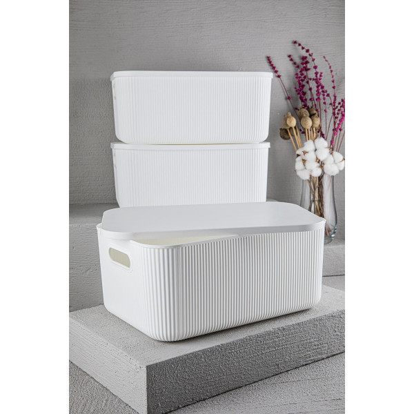 3 Adet Storage 13 Lt Beyaz, Çok Amaçlı Dolap Içi Düzenleyici Kapaklı Kutu, Dekoratif Saklama Kutusu