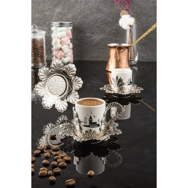 DoreCera Atatürk Baskılı 2 Kişilik Kahve Fincanı Seti Silver, Hediyelik 2 li Fincan