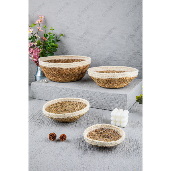 Naturel OVAL KREM Şeritli Hasır Sepet Lüx Organizer 4 Boy Banyo Ve Ev Dekoru