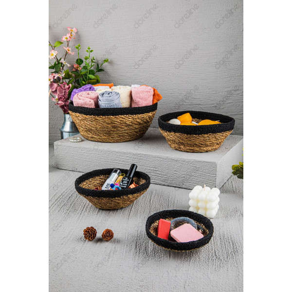 Naturel OVAL SİYAH Şeritli Hasır Sepet Lüx Organizer 4 Boy Banyo Ve Ev Dekoru