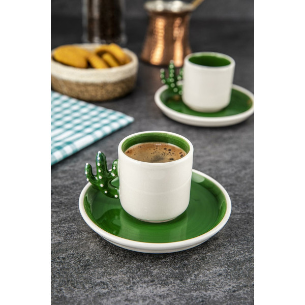 طقم فناجين قهوة تركية صناغة يدوية لون ابيض و اخضر مع مقبض موديل صبارة قياس 180 مل قطعتين "Kaktüs"