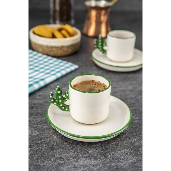 طقم فناجين قهوة تركية صناغة يدوية لون ابيض مع مقبض موديل صبارة قياس 110 مل قطعتين "Kaktüs"