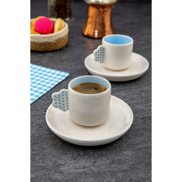 طقم فناجين قهوة تركية صناغة يدوية لون ابيض مع مقبض موديل غيمة قياس 110 مل قطعتين "Bulut"