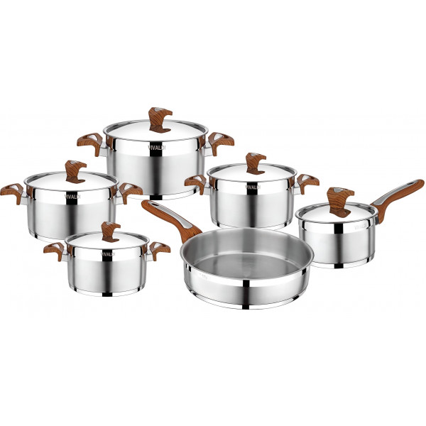 11 Pcs Anka Cookware SetØ 18-20-24-28 Deep Pots26 Fry Pan16 CasseroleSteel LidWooden handle