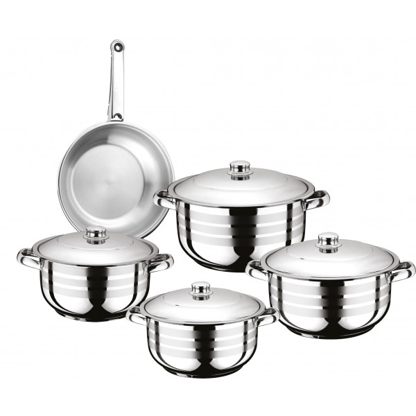 9 Pcs Manheim Cookware SetØ 16-20-22-24 Deep PotsØ 24 FrypanHollow Handles - Steel Lid