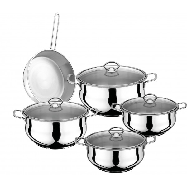 9 Pcs Classic Cookware SetØ 16-20-22-24 Deep PotsØ 24 FrypanSteel Handles - Glass Lid