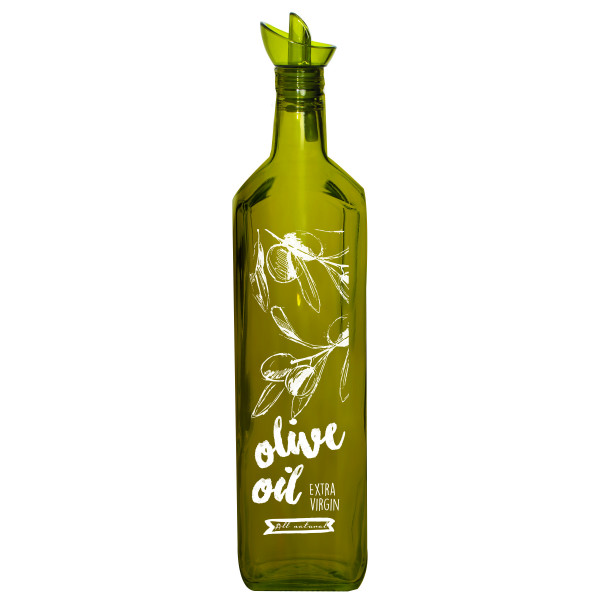 1 lt عبوة زيت شكل مربع لون اخضر شفاف طبعة "Olive Oil " ابيض