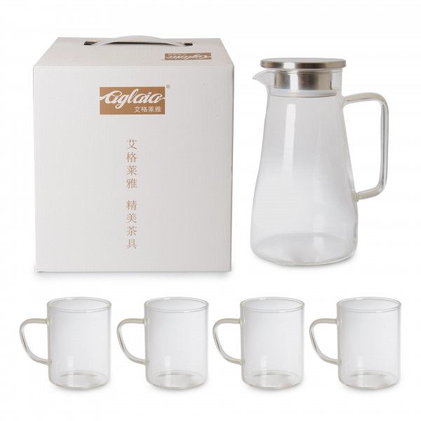 Glass 5 pcs water pitcher set: 1 liter pitcher, 200 ml glass