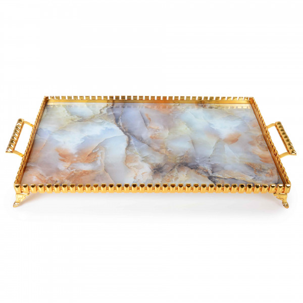 CHAIN MARBLE TRAY GOLD 42X32 CM