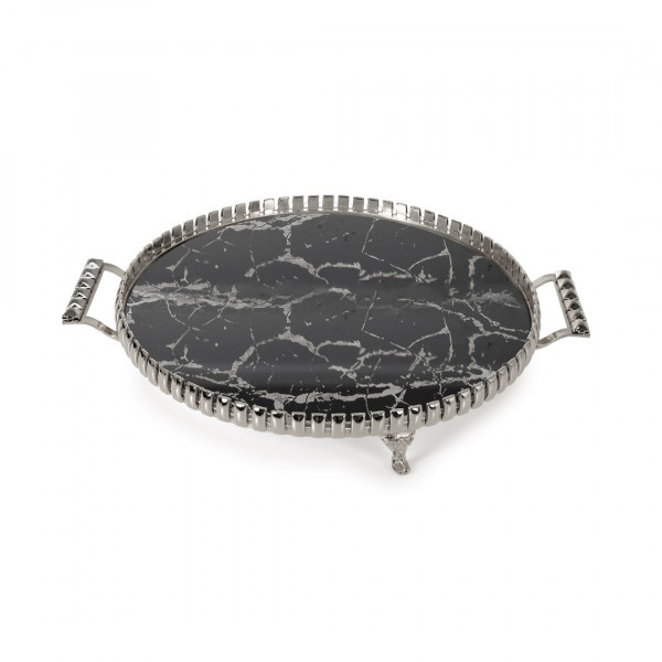 26 CM ROUND MARBLE PATTERN SILVER TRAY