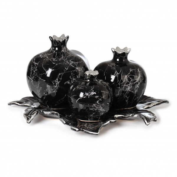 3 PCS PLATE POMEGRANATE BLACK SILVER MARBLE TEXTURED