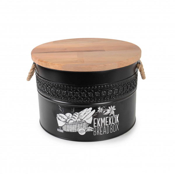 ROUND METAL BREAD BOX WITH BLACK WOODEN LID
