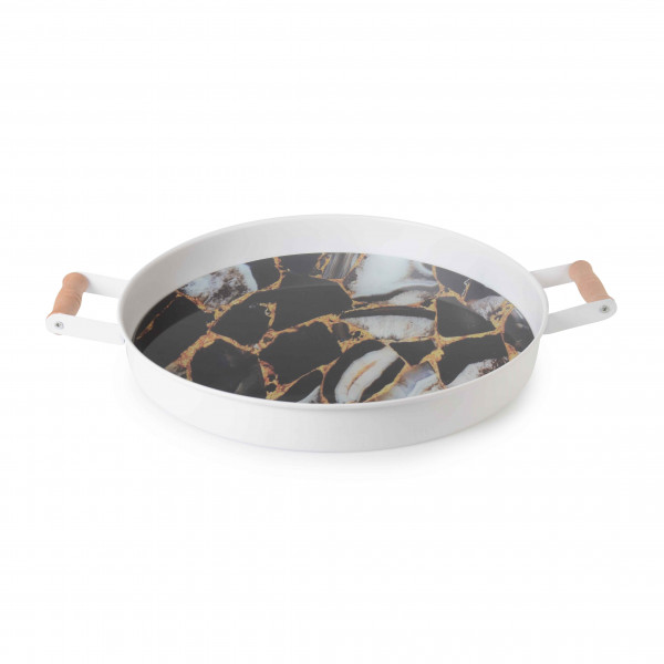 PATTERNED GLASS METAL TRAY 36.5CM (BLACK-WHITE MARBLE)
