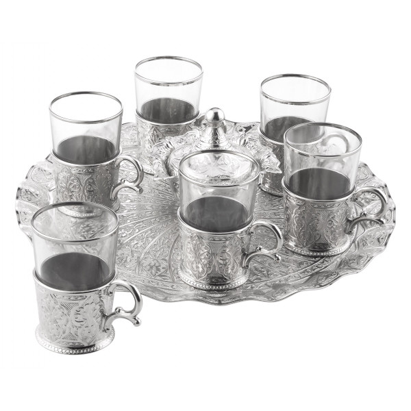 LARGE TEA SET WITH ROUND TRAY (SILVER)