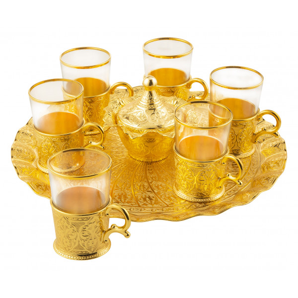 LARGE TEA SET WITH ROUND TRAY (GOLD)