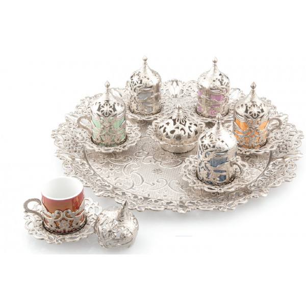 MOTIF ROUND COFFEE SET FOR 6 (COLORUL CUPS) (SILVER)
