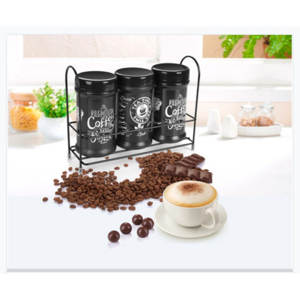 3 Pcs Black Coffee Jar Set Metal Stand