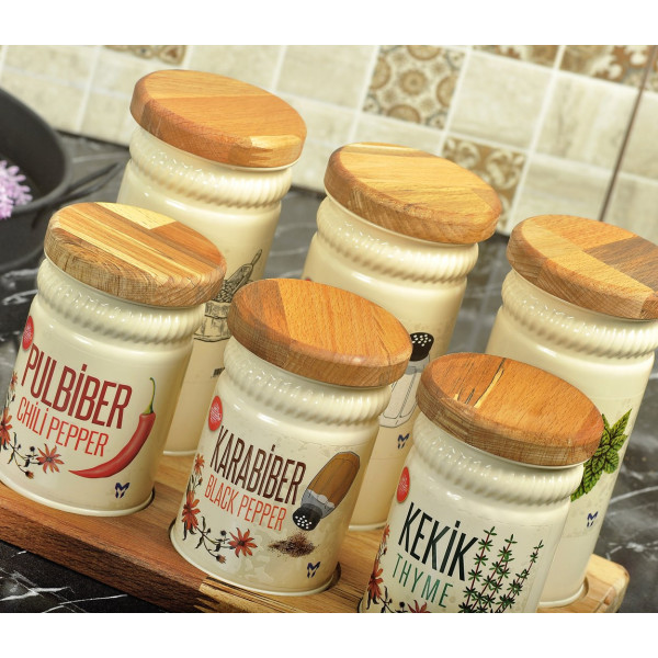 NATURAL WOODEN STAND 6 PIECES SPICE SET