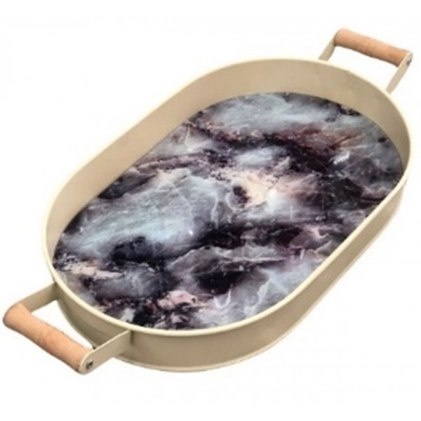 OVAL GLAZED TRAY WITH WOODEN METAL HANDLE