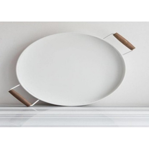 ROUND TRAY WITH WOODEN METAL HANDLE